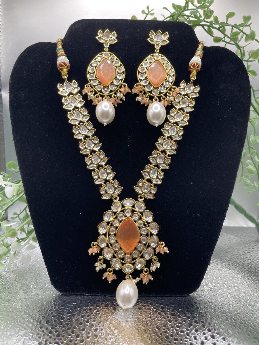 Peach Polki Kundan Necklace Set - side view | Necklace Set by Adornly Designs