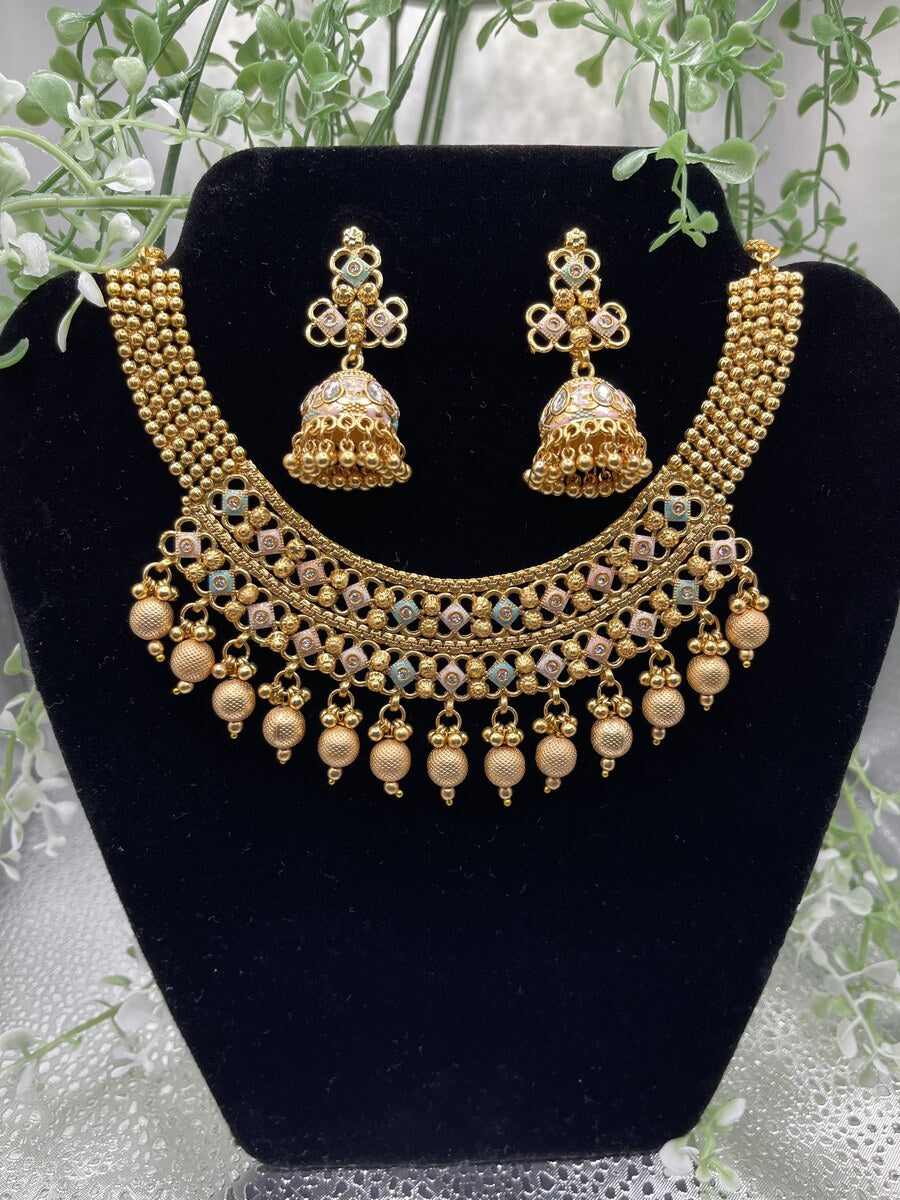 Antique Gold Jhumka Choker Set - side view | Necklace Set by Adornly Designs