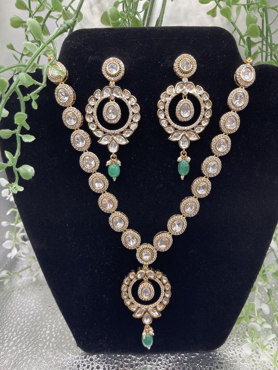 Emerald Kundan Round Necklace Set - side view | Necklace Set by Adornly Designs