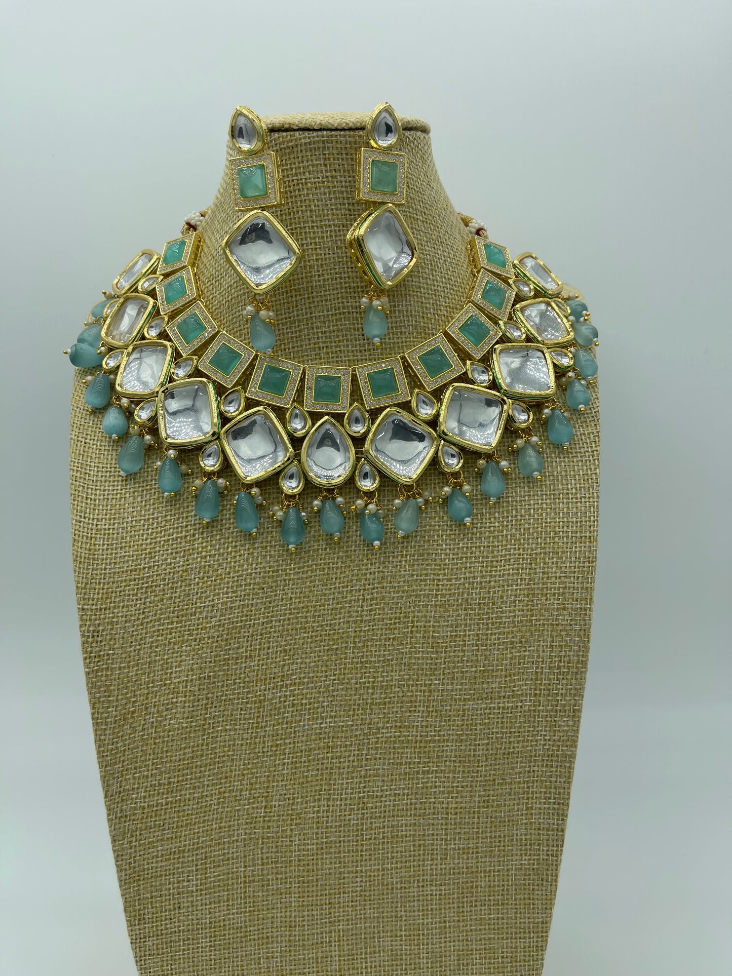 Light Green Square Kundan Necklace | Necklace by Adornly Designs