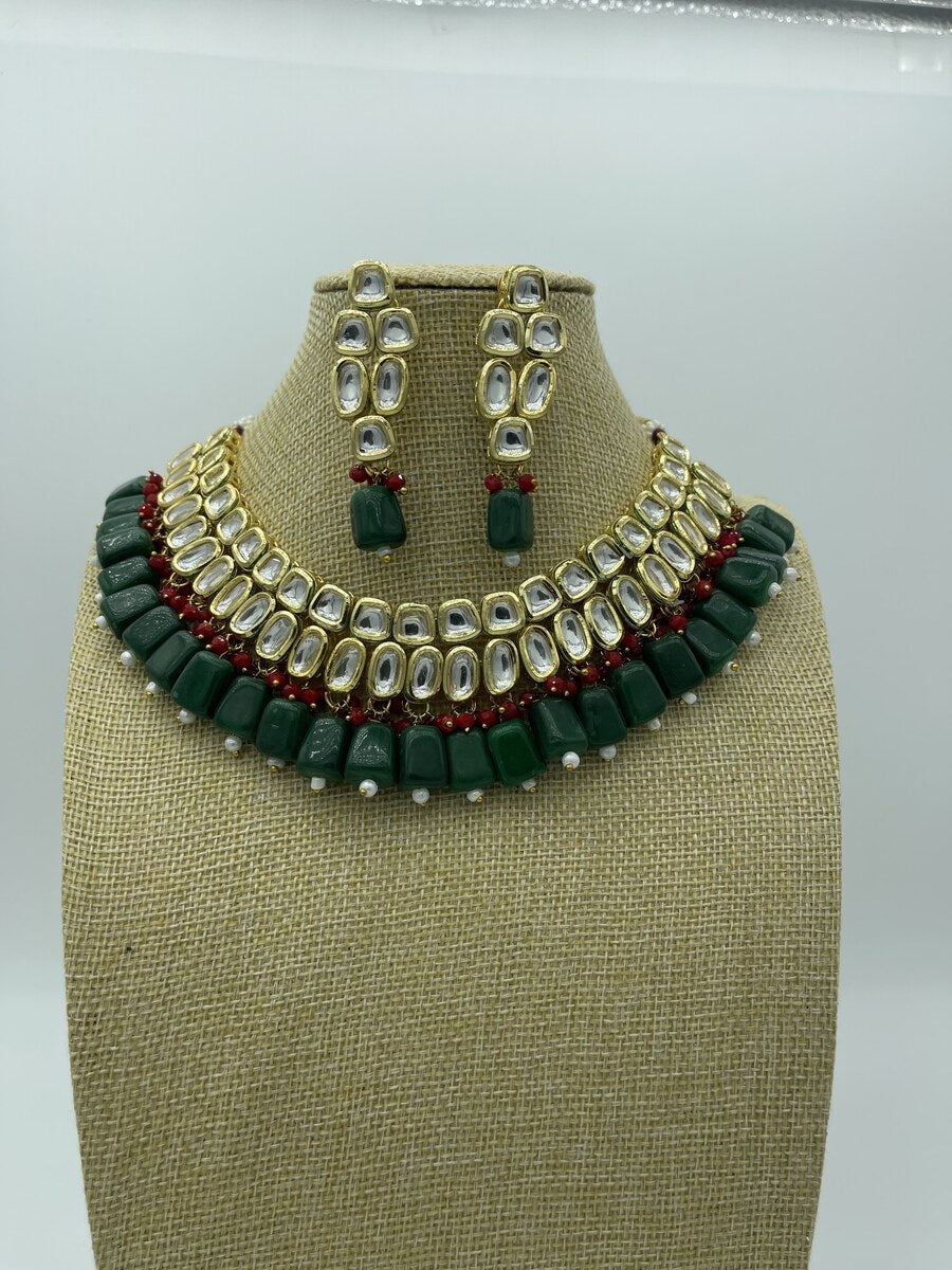 Festive Red Green Kundan Choker - side view | Necklace Set by Adornly Designs