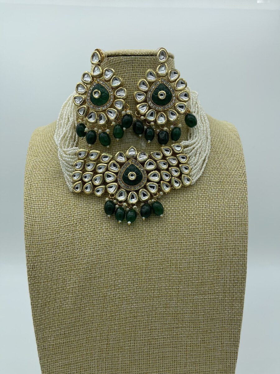 Green Kundan Pearl String Set - side view | Necklace Set by Adornly Designs