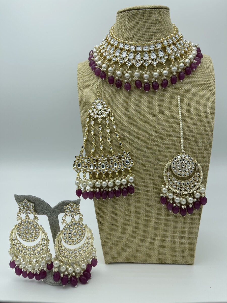 Maroon Bridal Complete Set - side view | Necklace Set by Adornly Designs