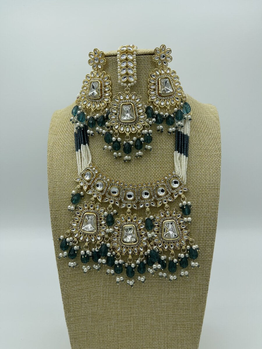 Green Kundan Multi-Strand Set - side view | Necklace Set by Adornly Designs