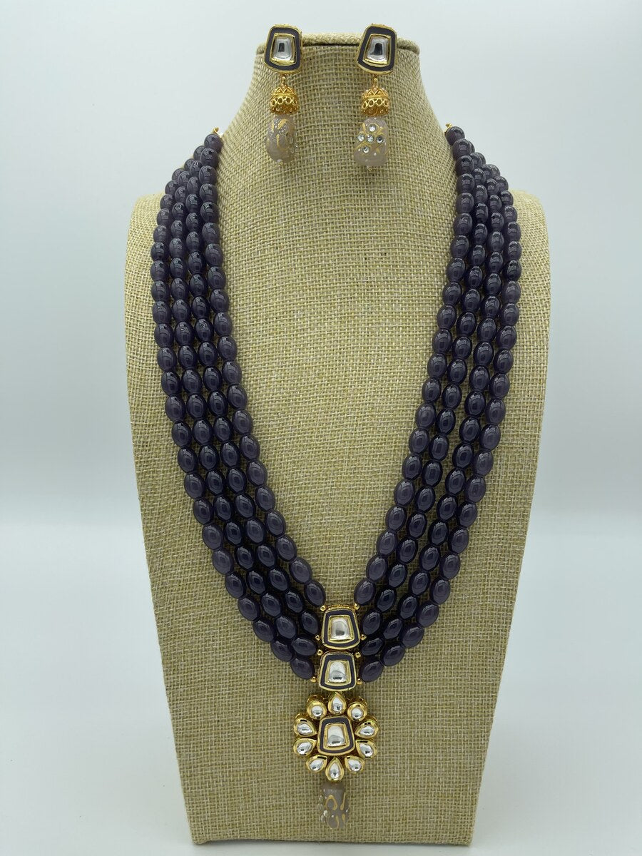 Grey Pearl Long Necklace Set - side view | Necklace Set by Adornly Designs