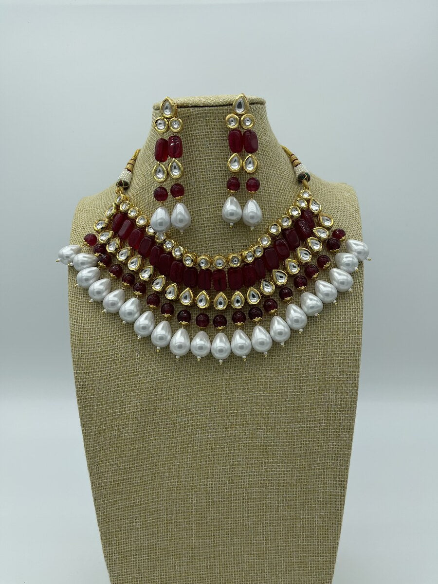 Maroon Kundan Pearl Choker - side view | Necklace Set by Adornly Designs
