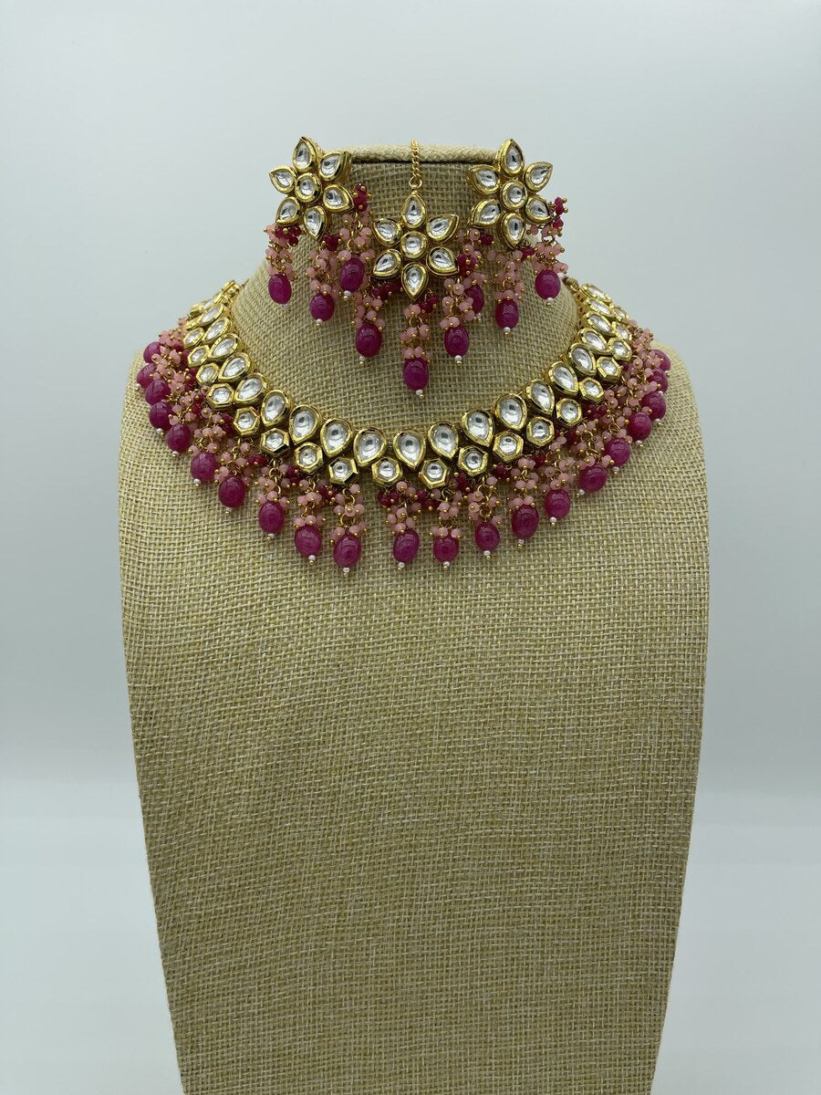 Pink Kundan Choker Set - side view | Necklace Set by Adornly Designs