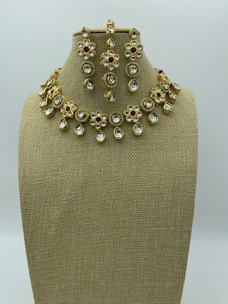 Floral Kundan Necklace Set - side view | Necklace Set by Adornly Designs