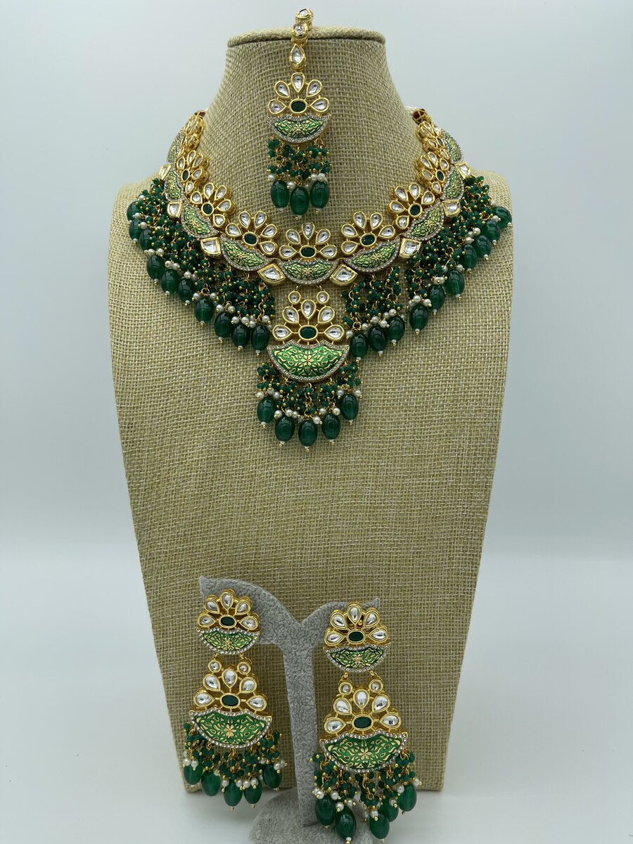 Green Meenakari Bridal Set - side view | Necklace Set by Adornly Designs