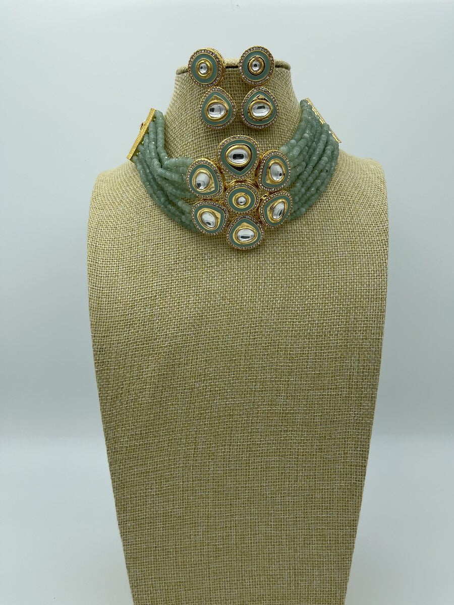 Sage Green Kundan Choker - side view | Necklace Set by Adornly Designs