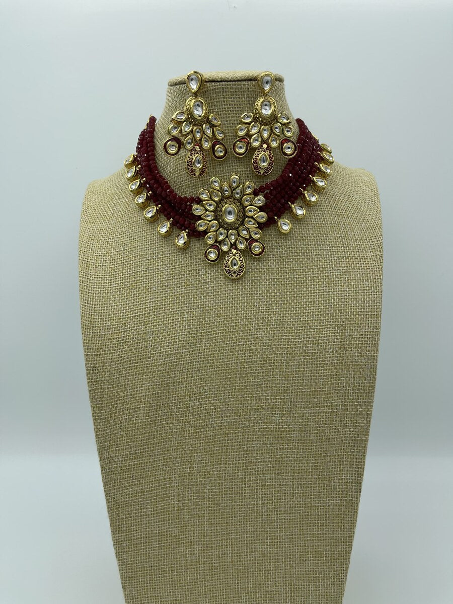 Maroon Kundan Statement Choker - side view | Necklace Set by Adornly Designs