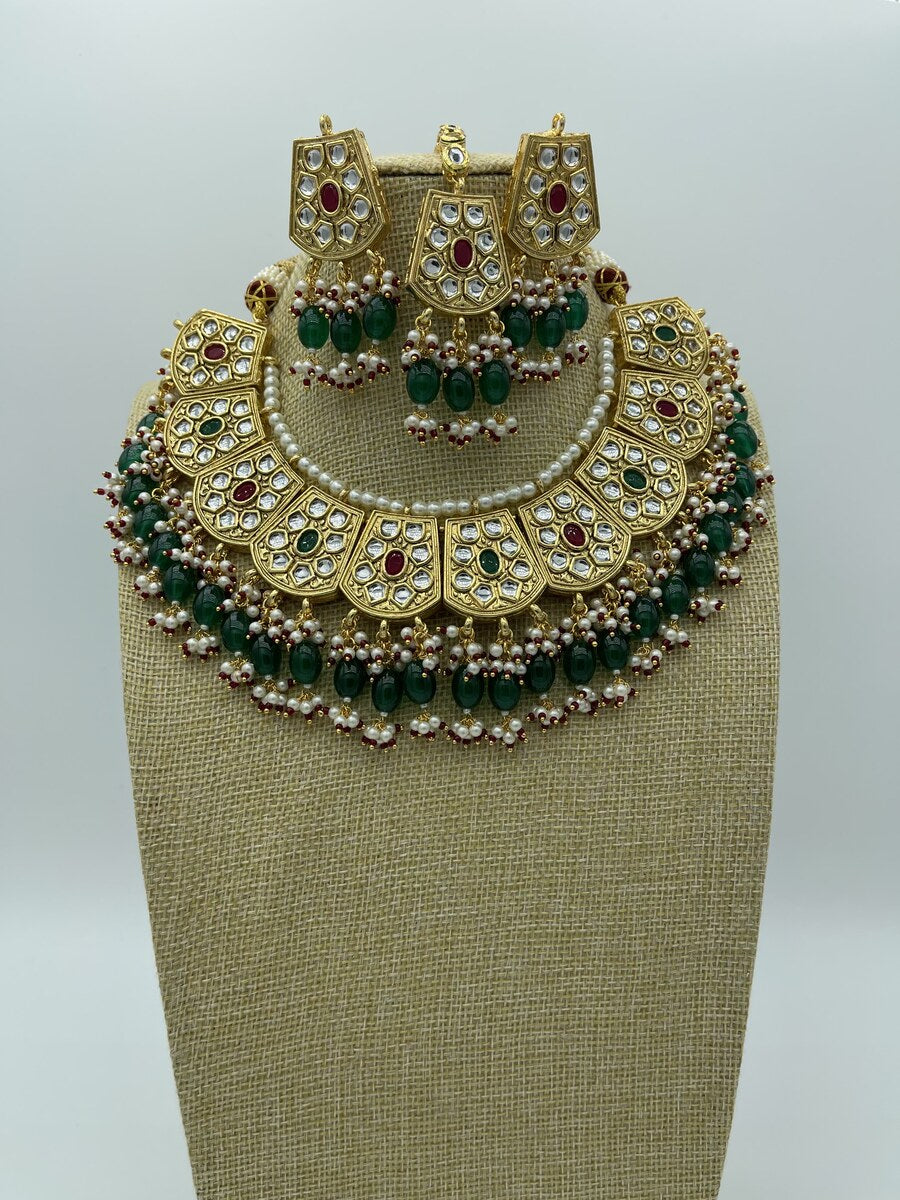 Green Kundan Bridal Statement Set - side view | Necklace Set by Adornly Designs
