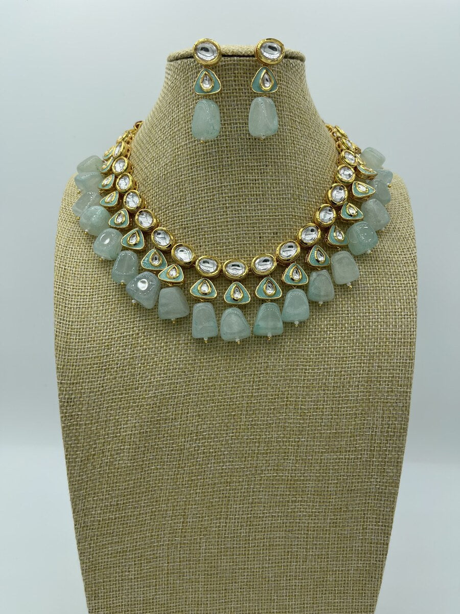 Light Blue Kundan Choker - side view | Necklace Set by Adornly Designs