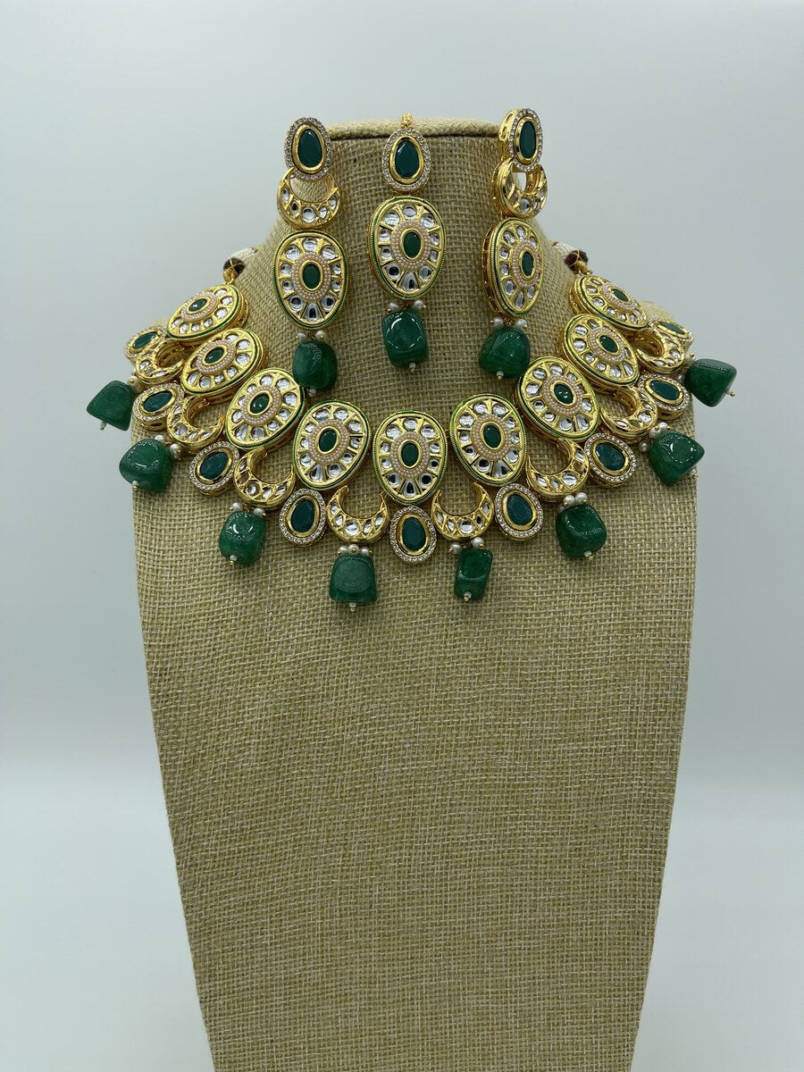 Green Teardrop Kundan Choker - side view | Necklace Set by Adornly Designs