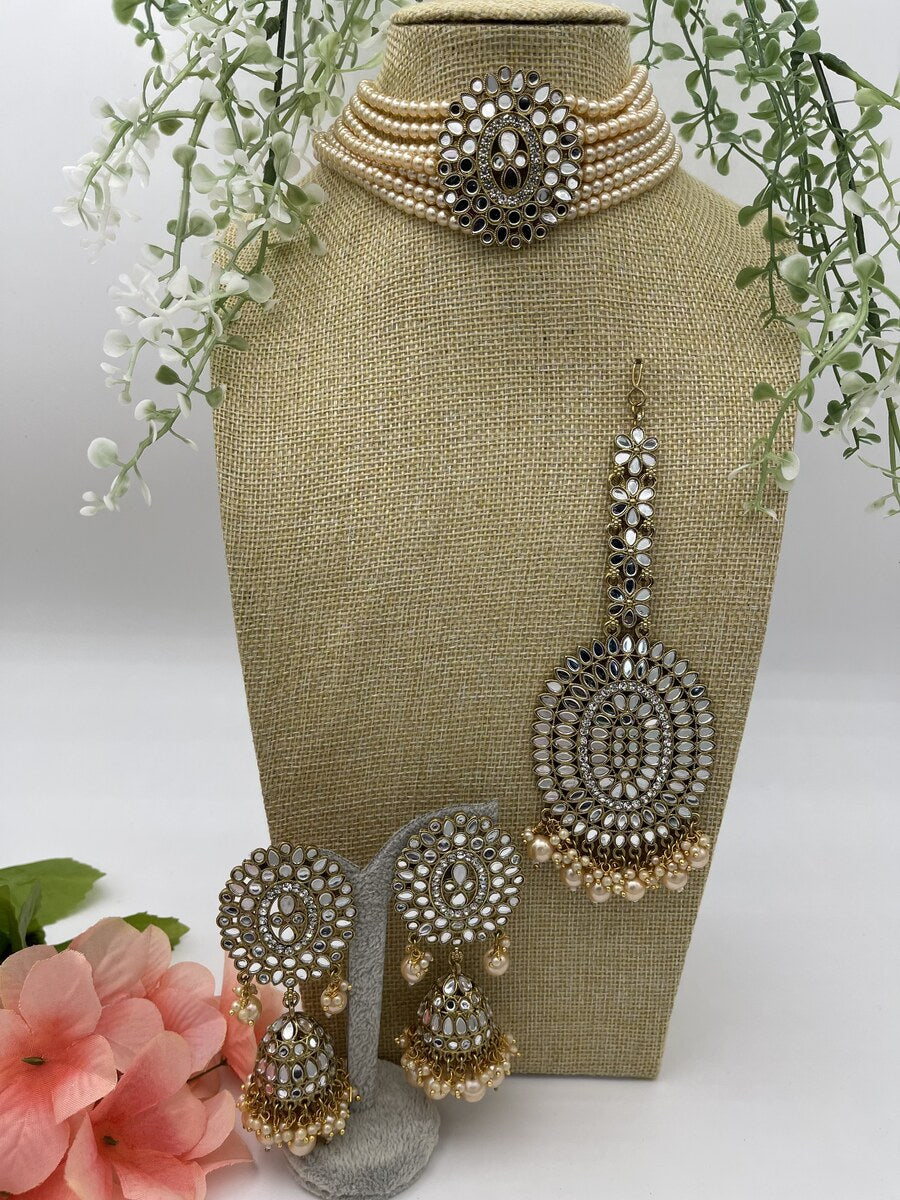 Antique Gold Pearl Bridal Set - side view | Necklace Set by Adornly Designs