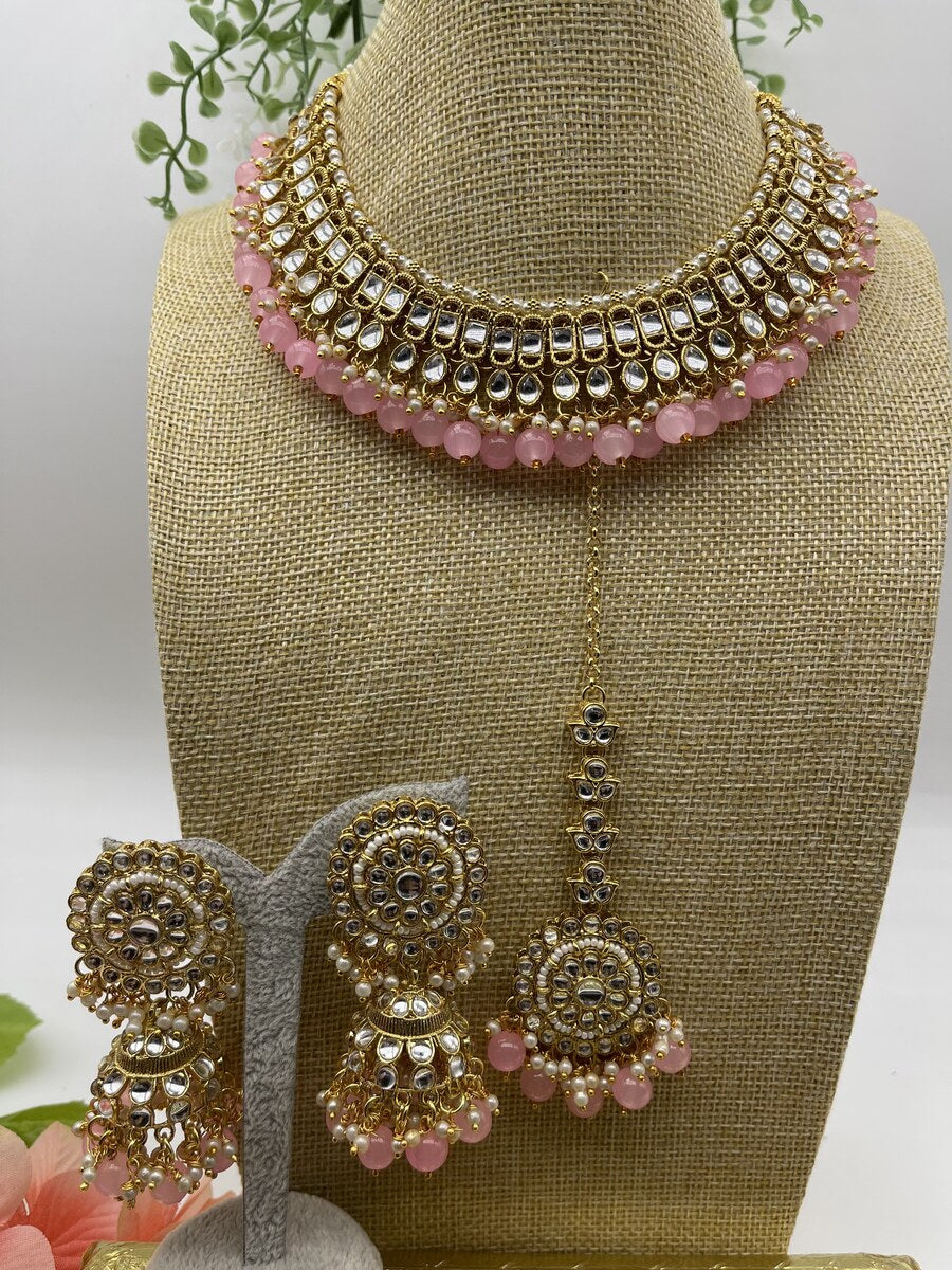 Pink Kundan Bridal Choker Set - side view | Necklace Set by Adornly Designs