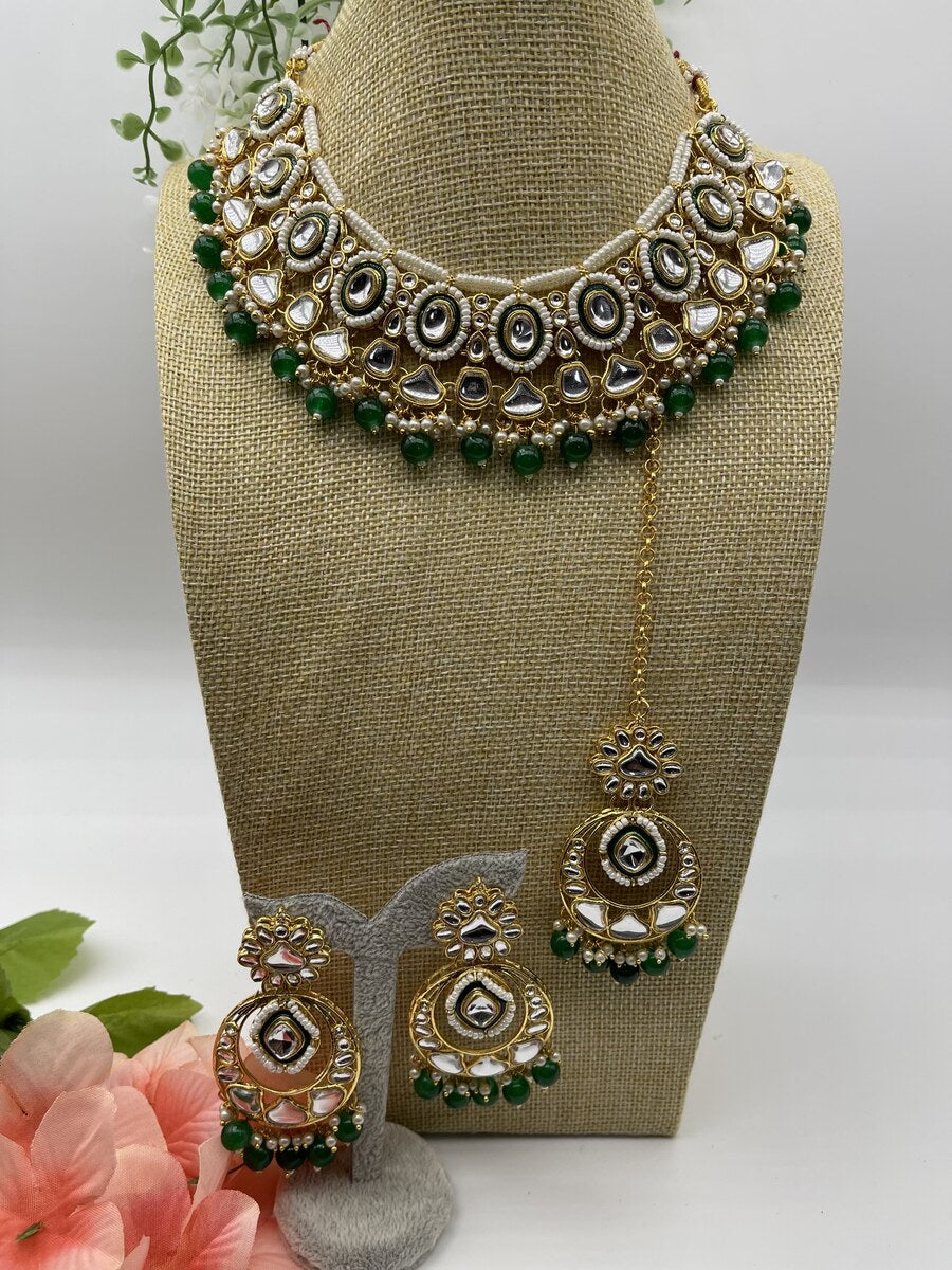 Emerald Kundan Bridal Choker - side view | Necklace Set by Adornly Designs