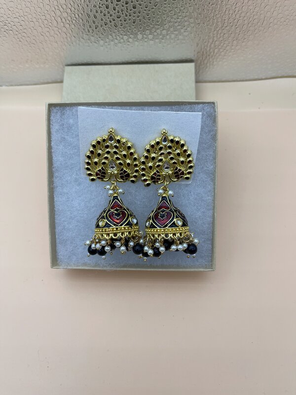Gold Antique Multi-Color Jhumka Earrings - side view | Earrings by Adornly Designs