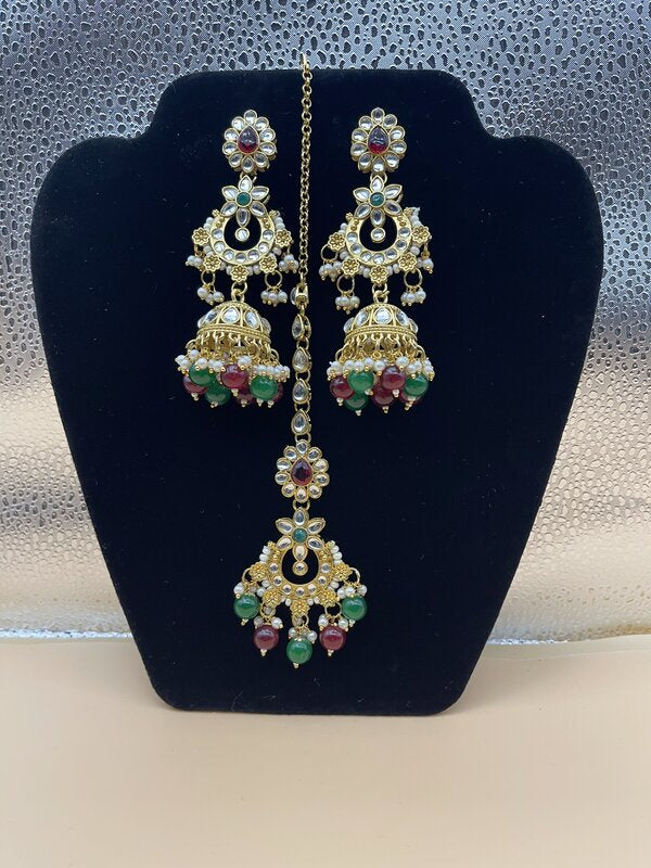 Gold Kundan Multi-Color Bridal Earring Set - side view | Bridal Sets by Adornly Designs