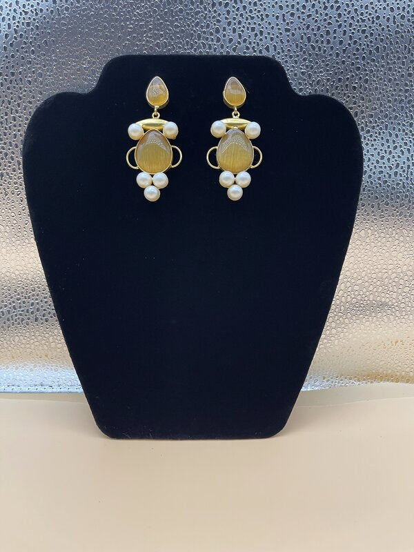 Gold Kundan Pearl Cluster Earrings - side view | Earrings by Adornly Designs