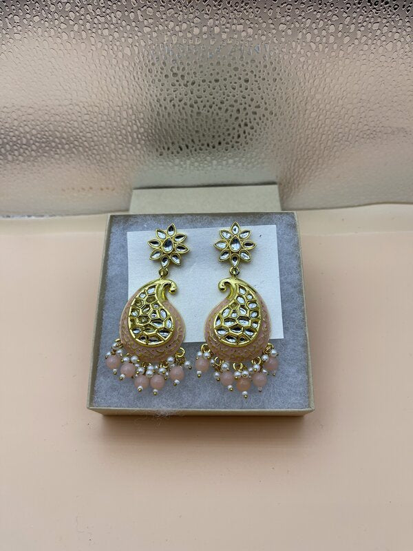 Gold Kundan Pearl Paisley Drop Earrings - side view | Earrings by Adornly Designs