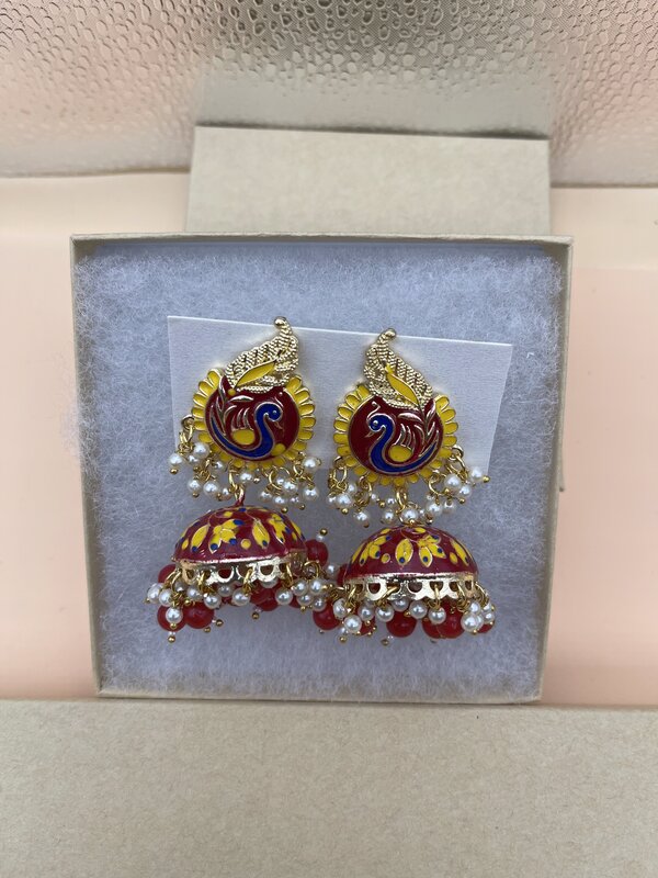 Gold Meenakari Purple Jhumka Earrings - side view | Earrings by Adornly Designs