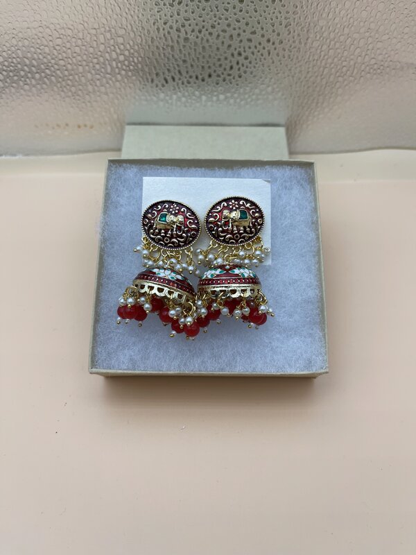 Gold Meenakari Red Jhumka Stud Earrings - side view | Earrings by Adornly Designs