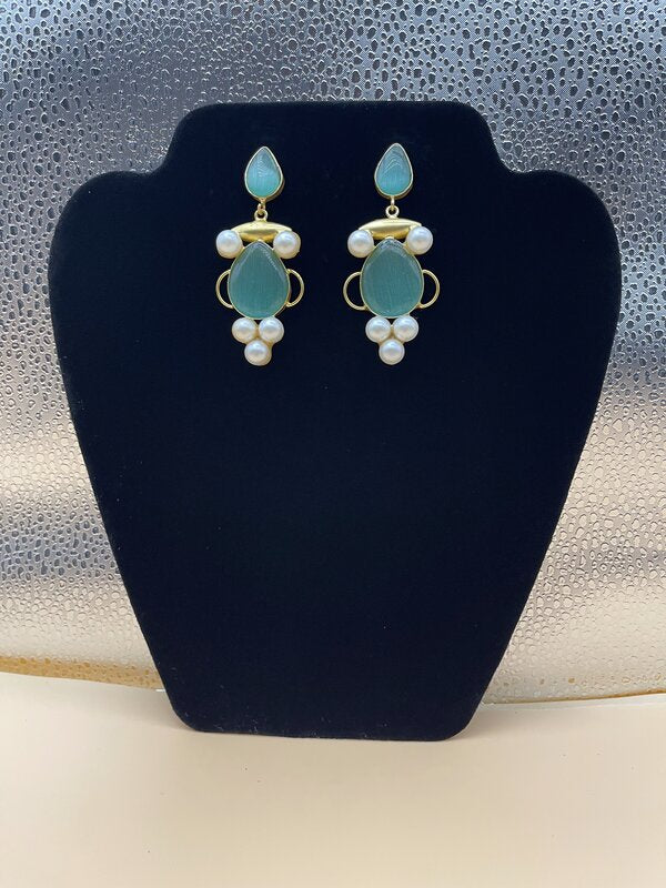 Gold Turquoise Pearl Dangle Earrings | Earrings by Adornly Designs
