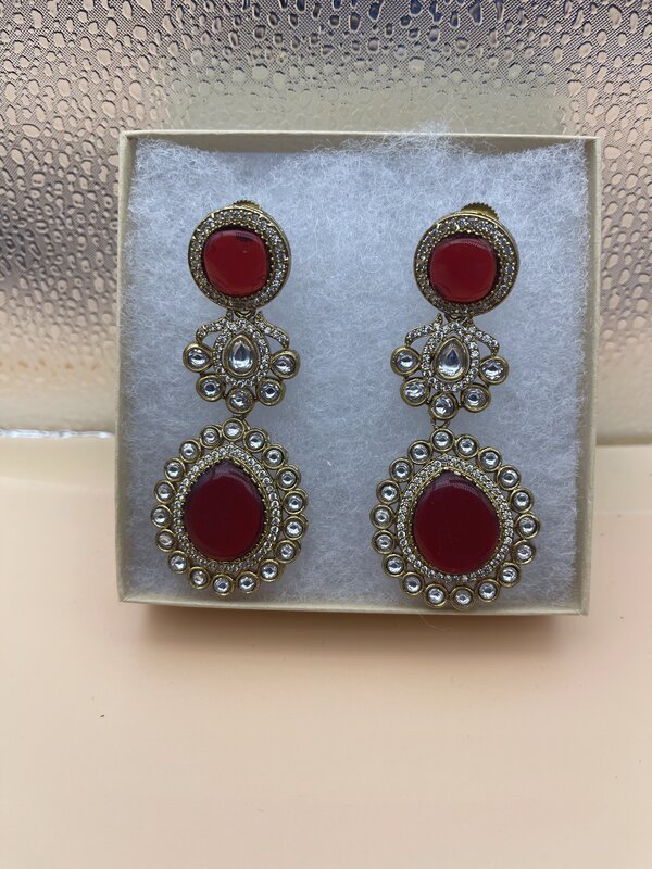 Red Kundan Triple Stone Drop Earrings | Earrings by Adornly Designs