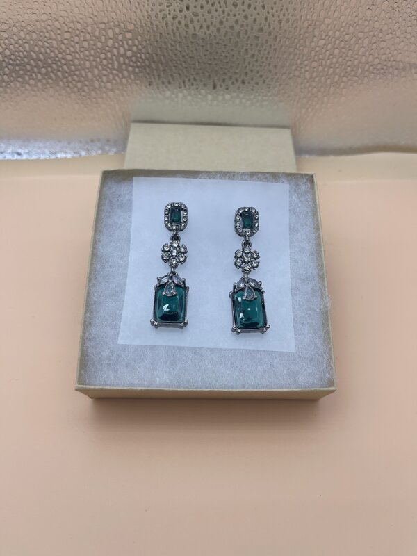 Silver Emerald Rectangle Dangle Earrings - side view | Earrings by Adornly Designs