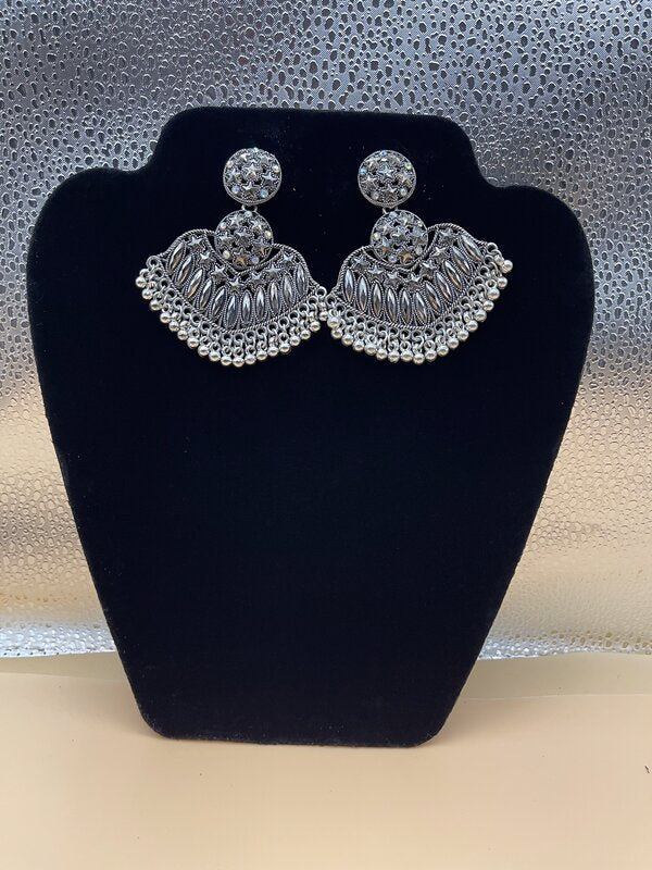 Silver Oxidized Beaded Fan Earrings - side view | Earrings by Adornly Designs