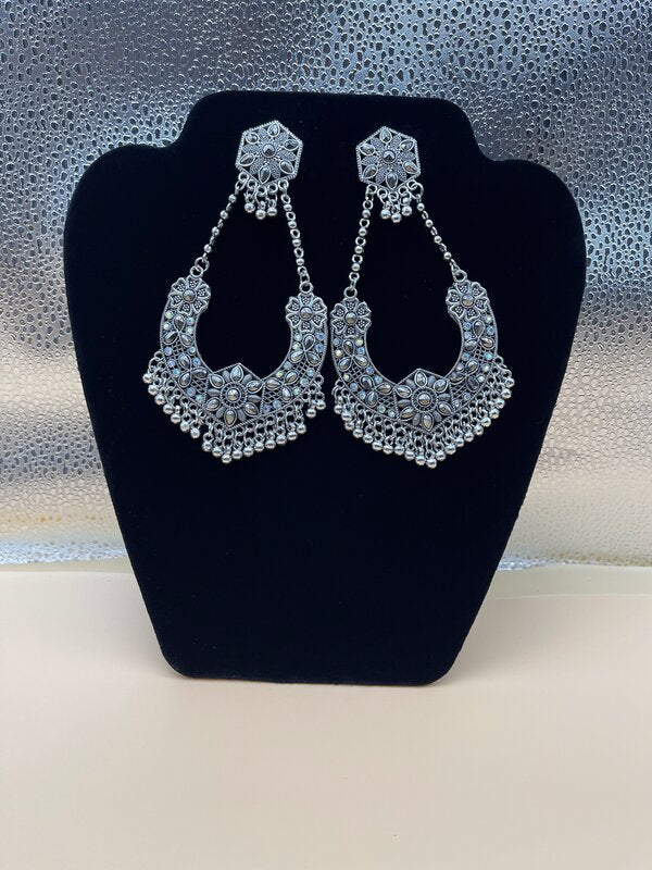 Silver Oxidized Chain Drop Chandbali Earrings - side view | Earrings by Adornly Designs