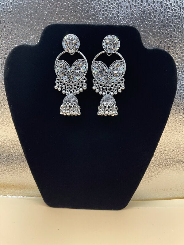 Silver Oxidized Dual Layer Jhumka Earrings - side view | Earrings by Adornly Designs