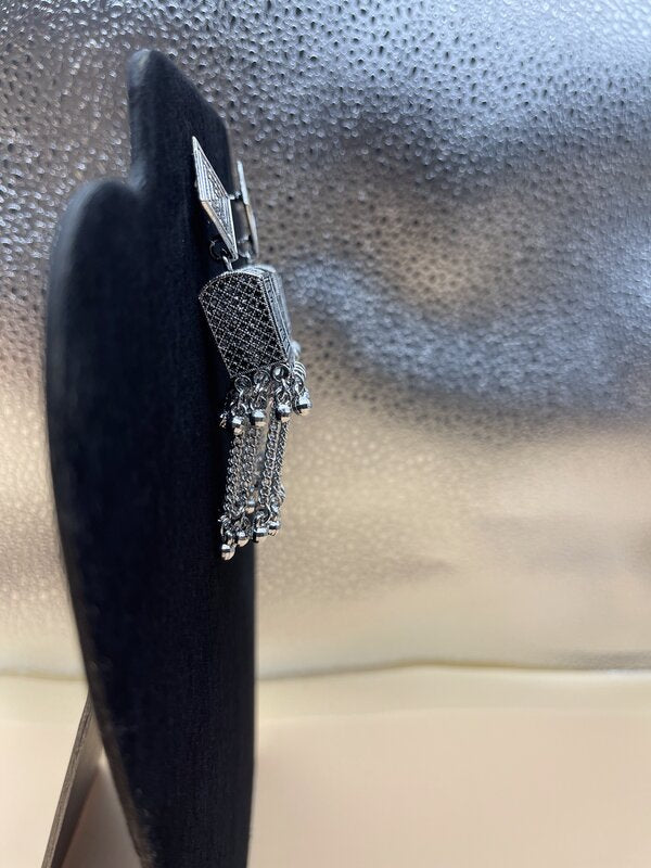 Silver Oxidized Filigree Tassel Tikka - side view | Maang Tikka by Adornly Designs