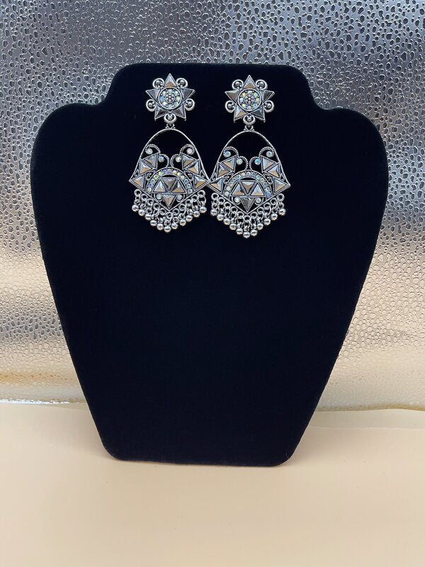 Silver Oxidized Floral Chandbali Drop Earrings - side view | Earrings by Adornly Designs
