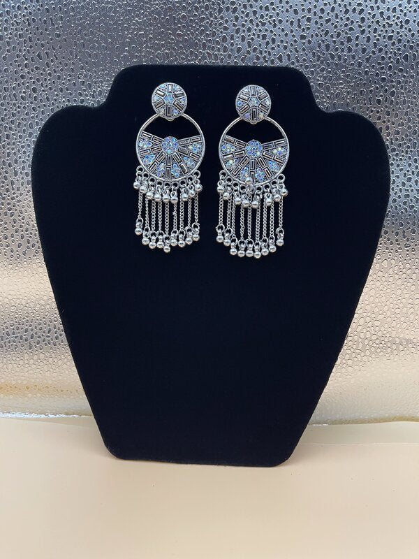 Silver Oxidized Medallion Fringe Earrings - side view | Earrings by Adornly Designs