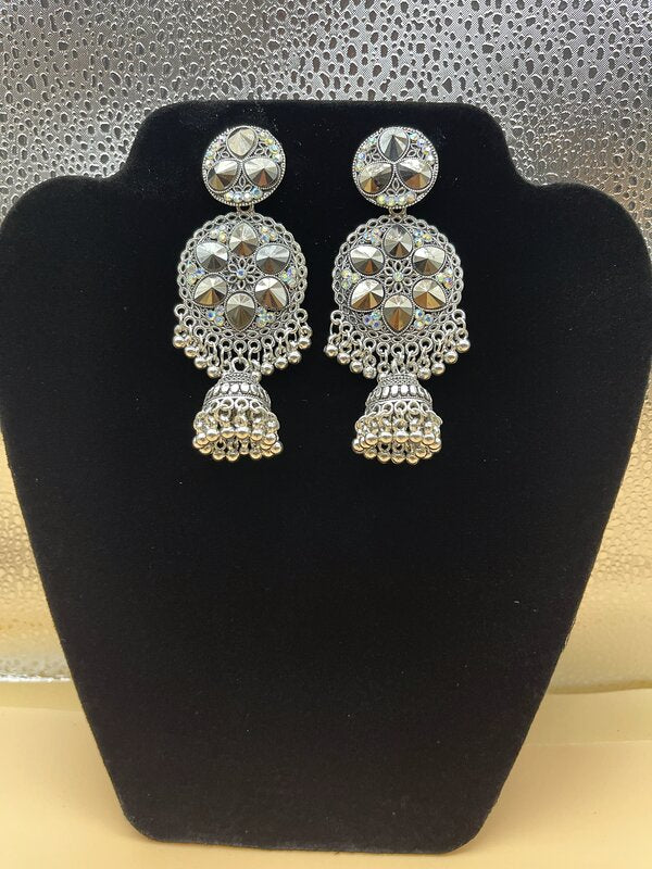 Silver Oxidized Mirror Work Jhumka Earrings - side view | Earrings by Adornly Designs