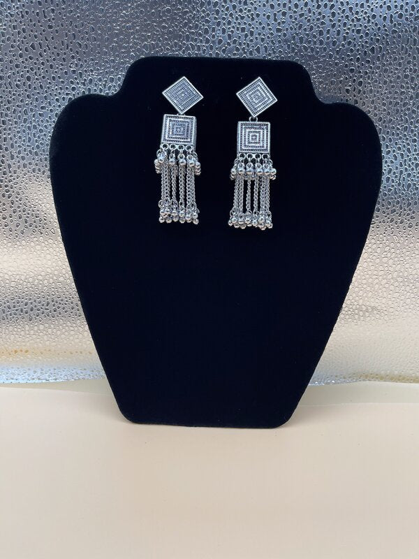 Silver Oxidized Square Chain Tassel Earrings - side view | Earrings by Adornly Designs