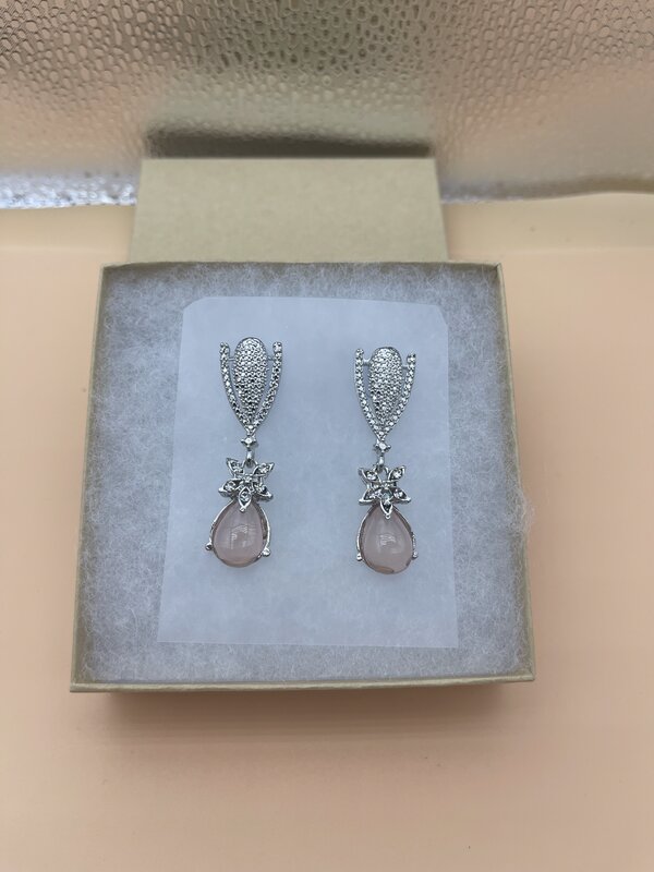 Silver Pink Opal Crystal Drop Earrings - side view | Earrings by Adornly Designs