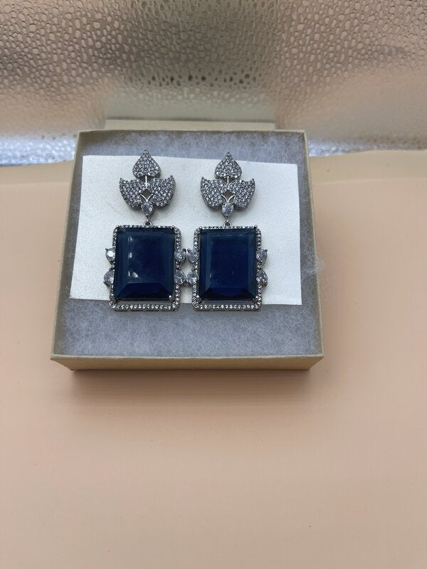 Silver Sapphire Leaf Stud Earrings - side view | Earrings by Adornly Designs