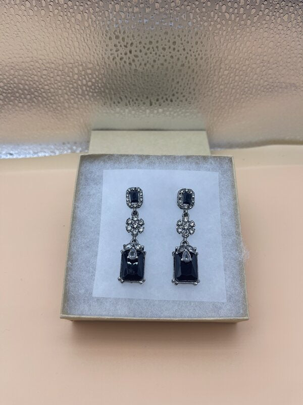Silver Sapphire Rectangle Drop Earrings - side view | Earrings by Adornly Designs