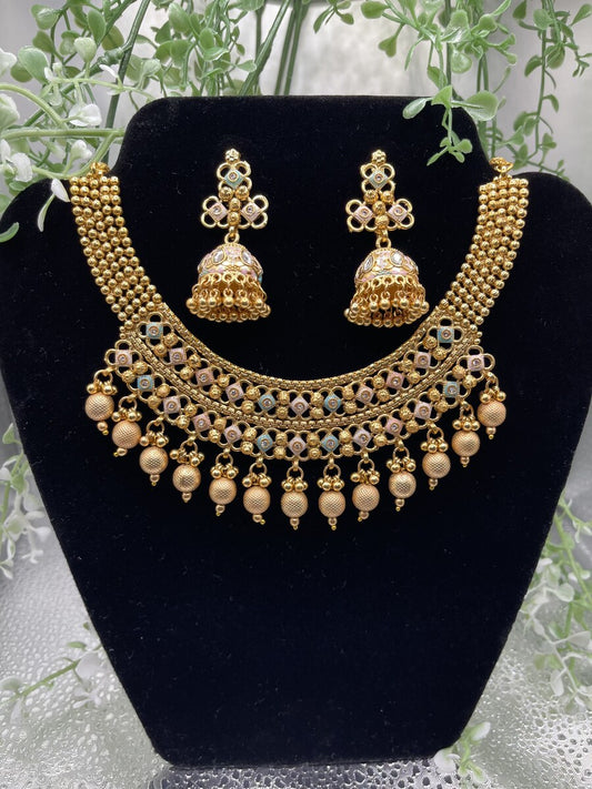 Antique Gold Jhumka Choker Set - front view | Necklace Set by Adornly Designs