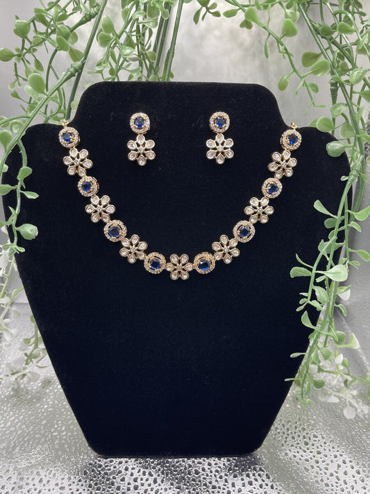 Blue Floral CZ Necklace Set - front view | Necklace Set by Adornly Designs