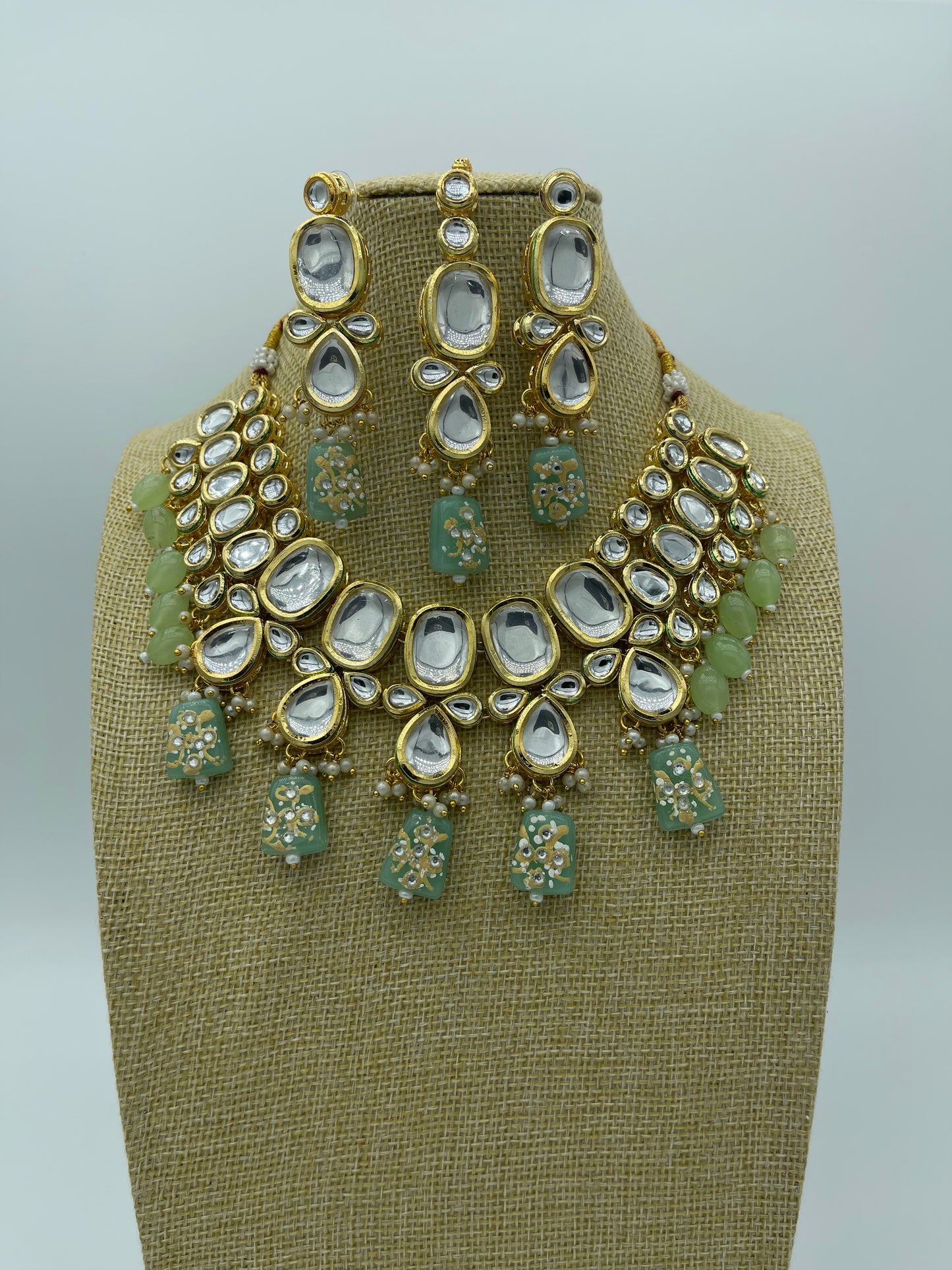 Meenakari Kundan Light Green Ncklace | Necklace by Adornly Designs