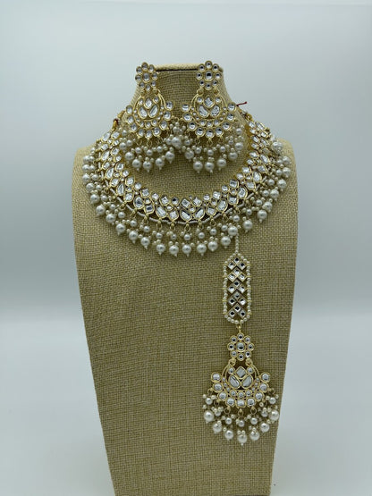 Pearl Kundan Bridal Choker - front view | Necklace Set by Adornly Designs