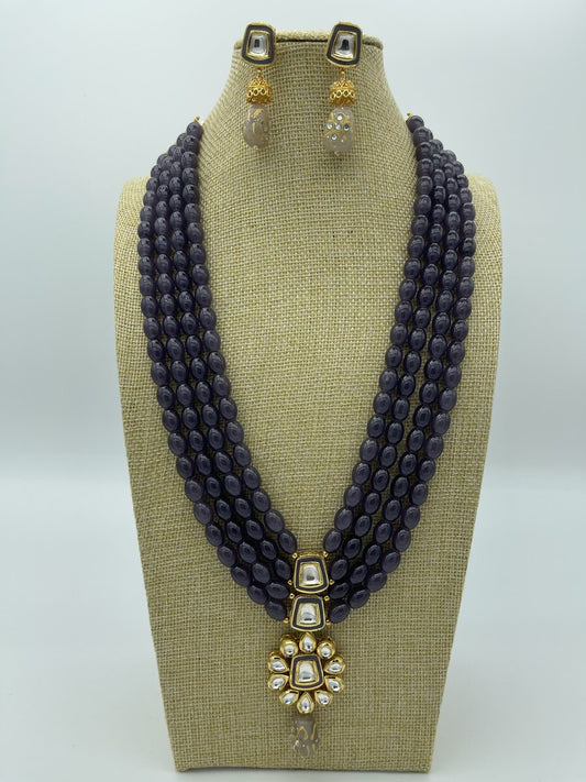 Grey Pearl Long Necklace Set - front view | Necklace Set by Adornly Designs
