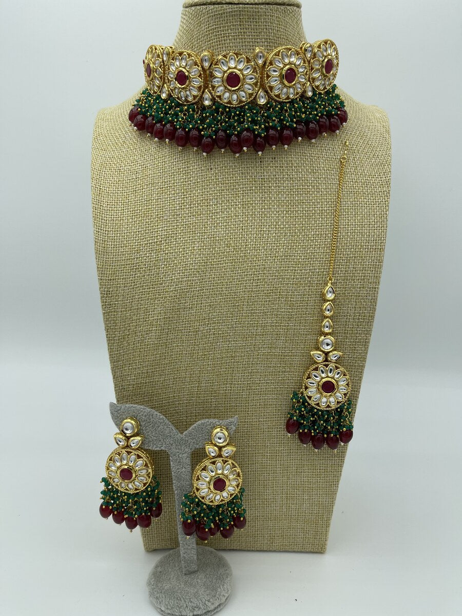 Green Maroon Kundan Bridal Choker - front view | Necklace Set by Adornly Designs
