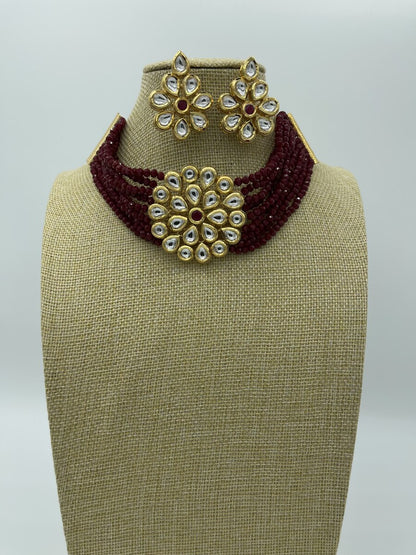 Maroon Kundan Flower Choker - front view | Necklace Set by Adornly Designs