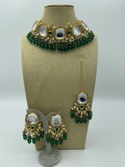 Green Kundan Bridal Choker Set - side view | Necklace Set by Adornly Designs