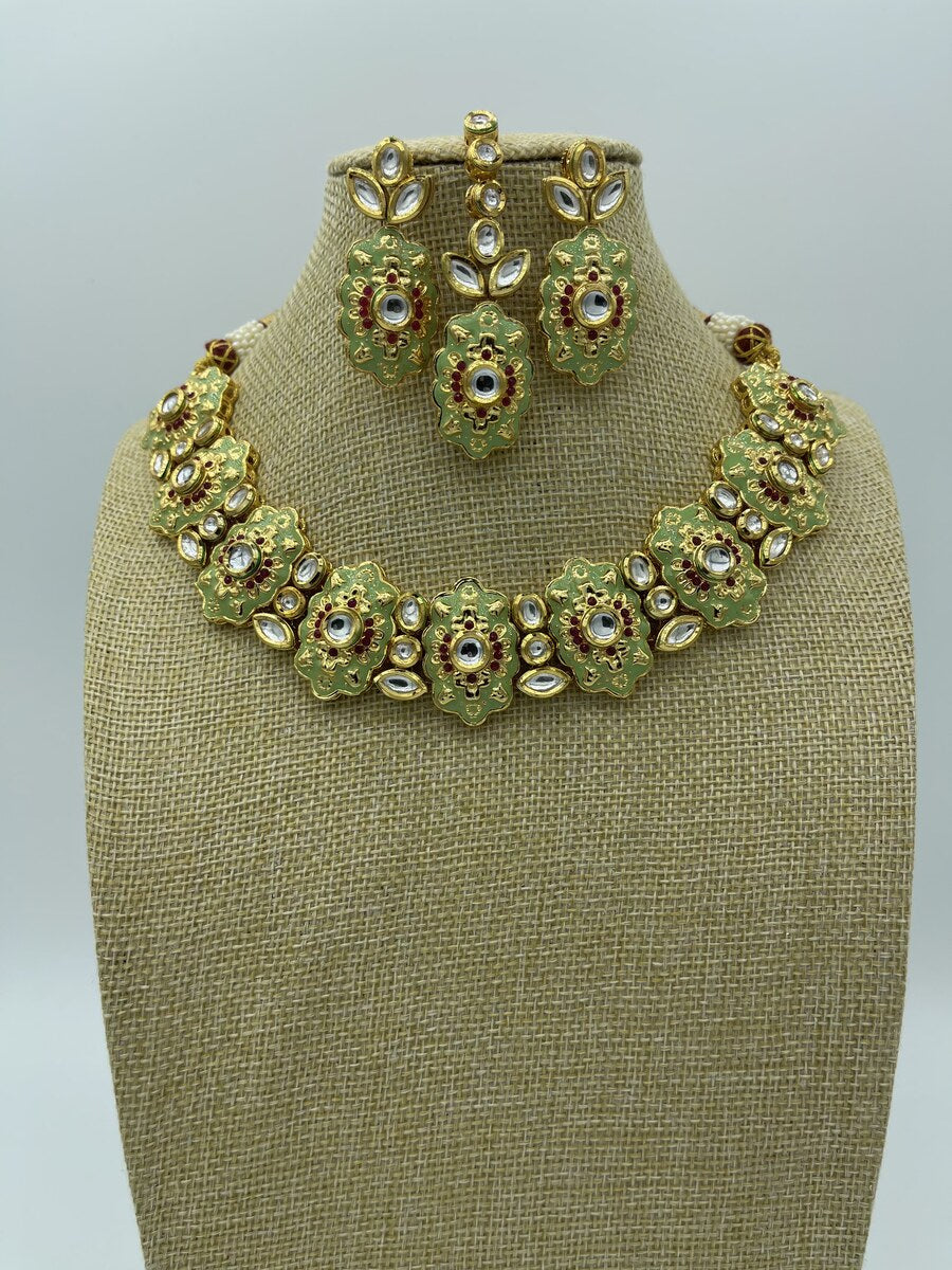 Meenakari Green Gold Choker - front view | Necklace Set by Adornly Designs